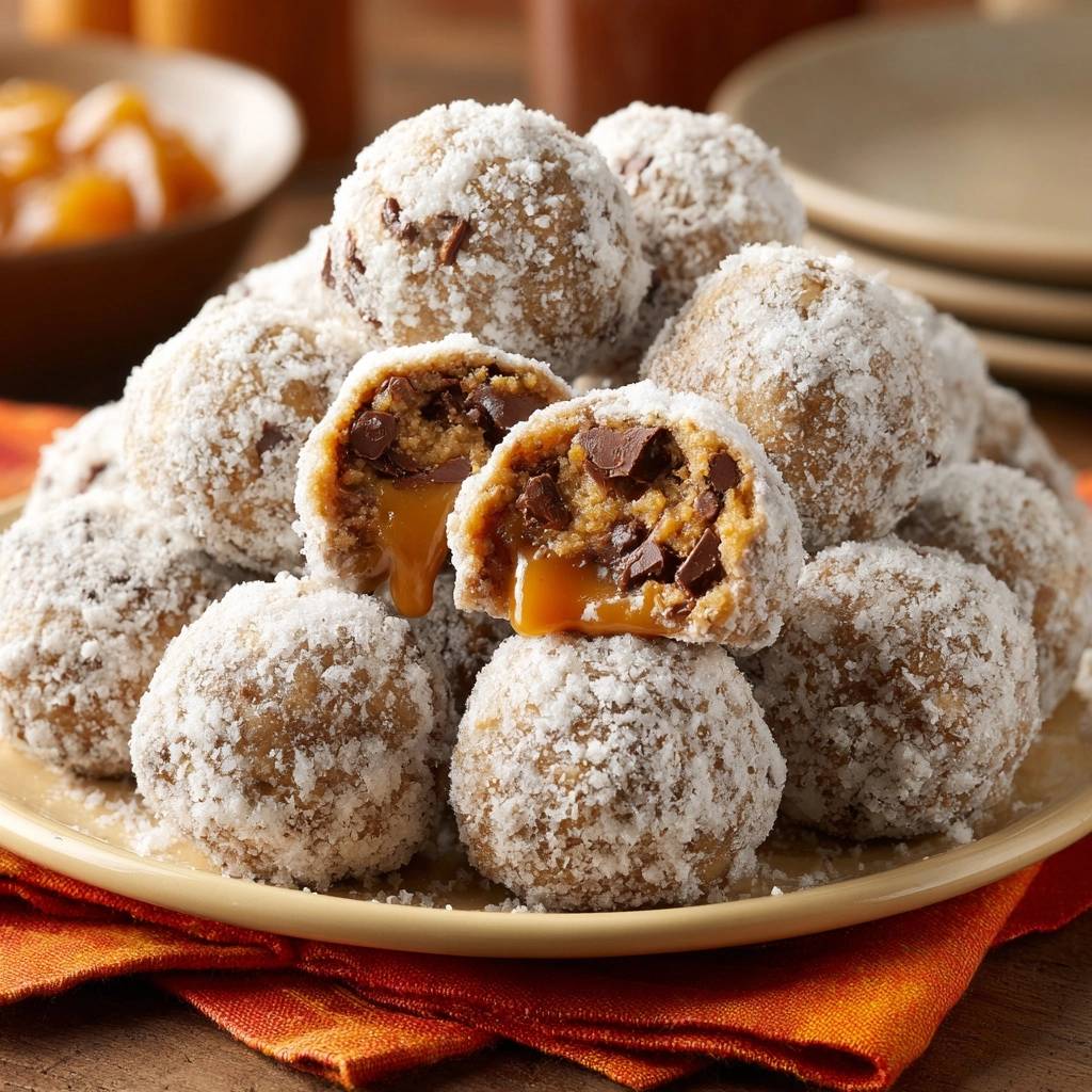 Kokos-Karamell-Schoko-Trüffel mit geschmolzenem Karamell und Schokoladenstückchen, angeschnitten zur Innenansicht.
