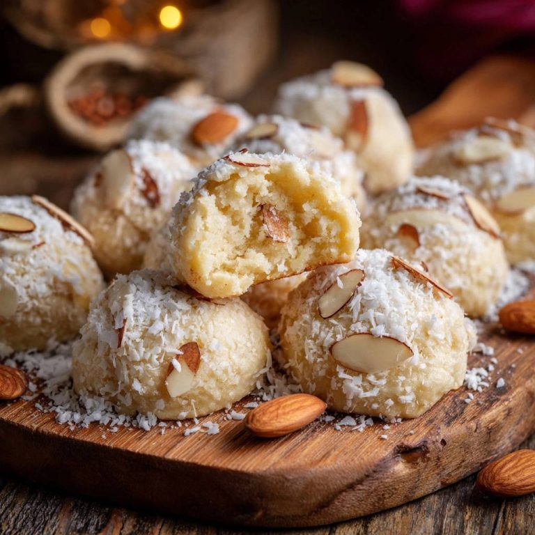 Kokos-Mandel-Laddu angeschnitten, mit Kokosraspeln und Mandelsplittern garniert, auf einem Holzbrett