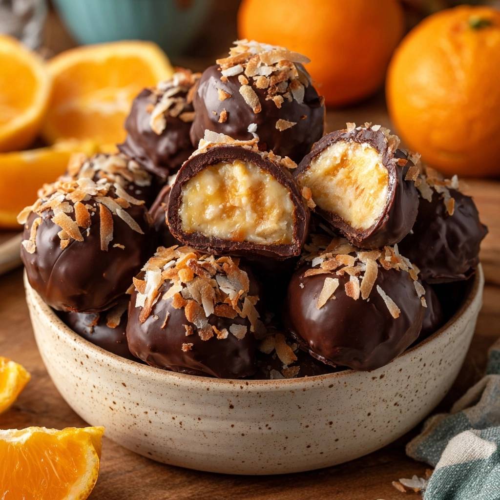 Kokos-Orange-Schoko-Trüffel angeschnitten, die cremige Füllung mit Orangenstückchen und Kokosflocken ist gut sichtbar.