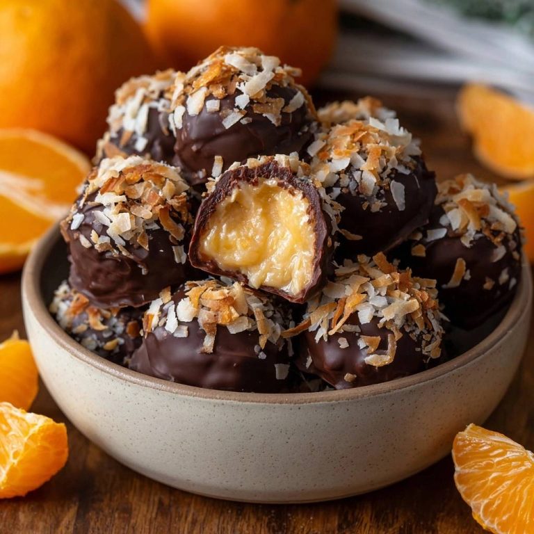 Kokos-Orange-Schoko-Trüffel angeschnitten, die cremige Füllung und Schokoladenhülle sind deutlich sichtbar.