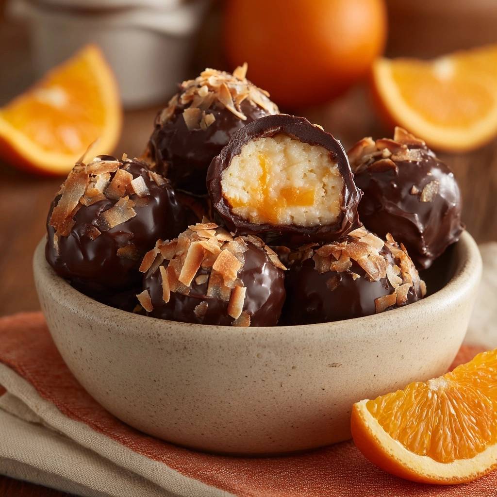 Kokos-Orangen-Schoko-Trüffel angeschnitten, das cremige Innere mit kandierter Orange und Kokosraspeln ist sichtbar