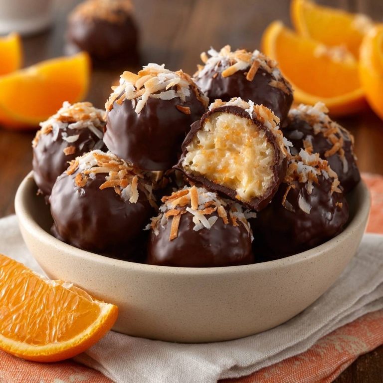 Kokos-Orangen-Schoko-Trüffel im Anschnitt, mit dunkler Schokolade überzogen und Kokosraspeln garniert, in einer Schale serviert.