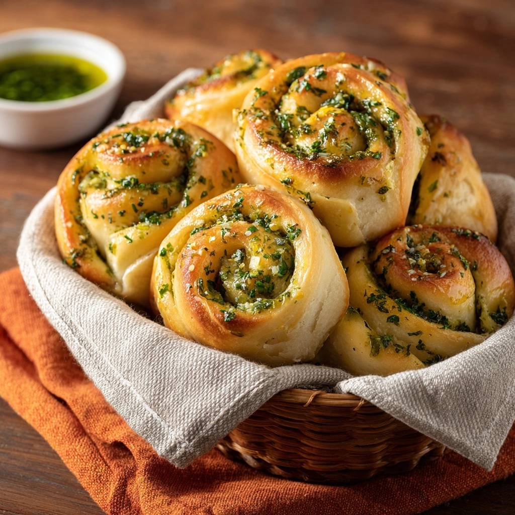 Saftige Kräuter-Schnecken detailreich und frisch glasiert in einem Körbchen serviert