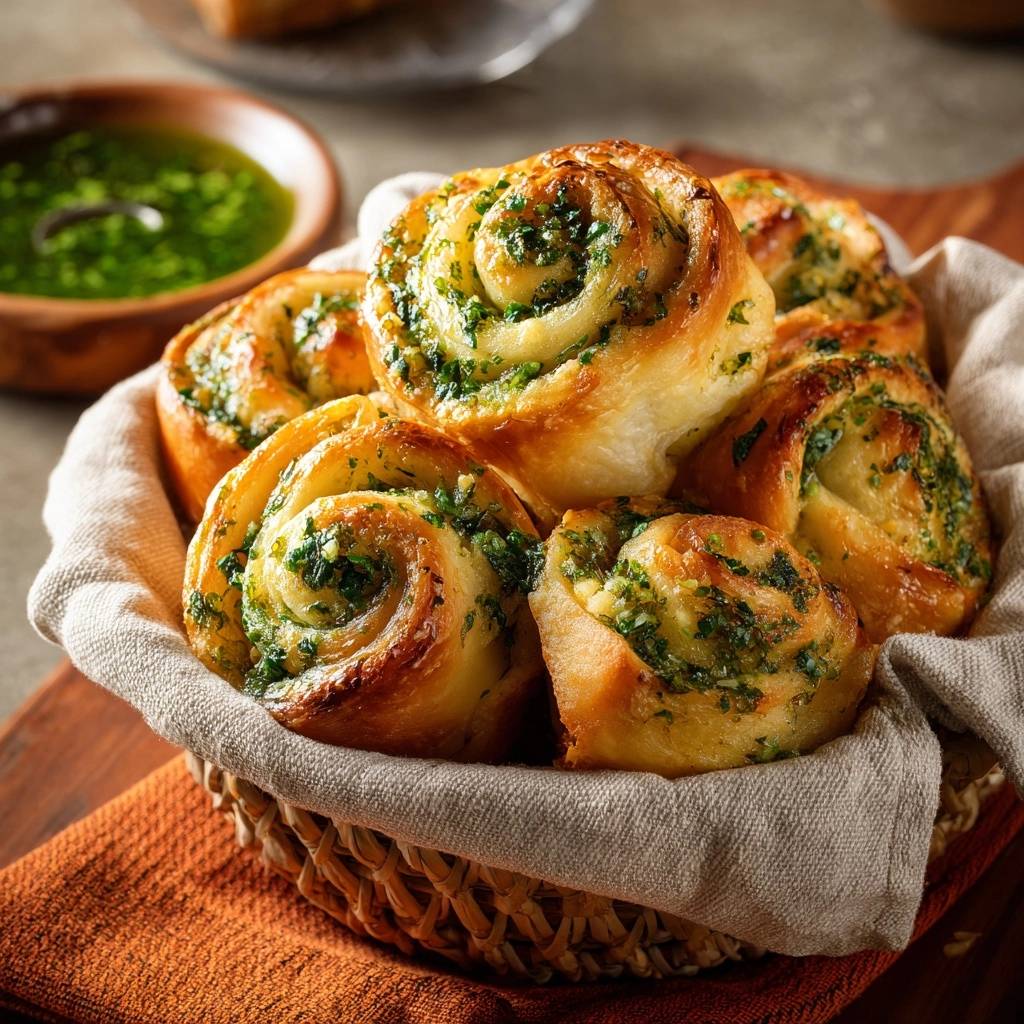 Saftige Kräuter-Schnecken in einem Korb, nahaufnahme der goldbraunen, gebackenen Schnecken mit frischen Kräutern gefüllt.