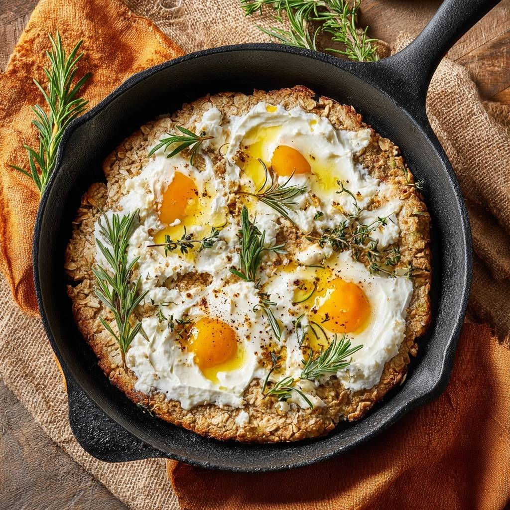 Knuspriger Kräuterfladen mit Feta, serviert in einer Gusseisenpfanne mit frischen Kräutern und Eiern.
