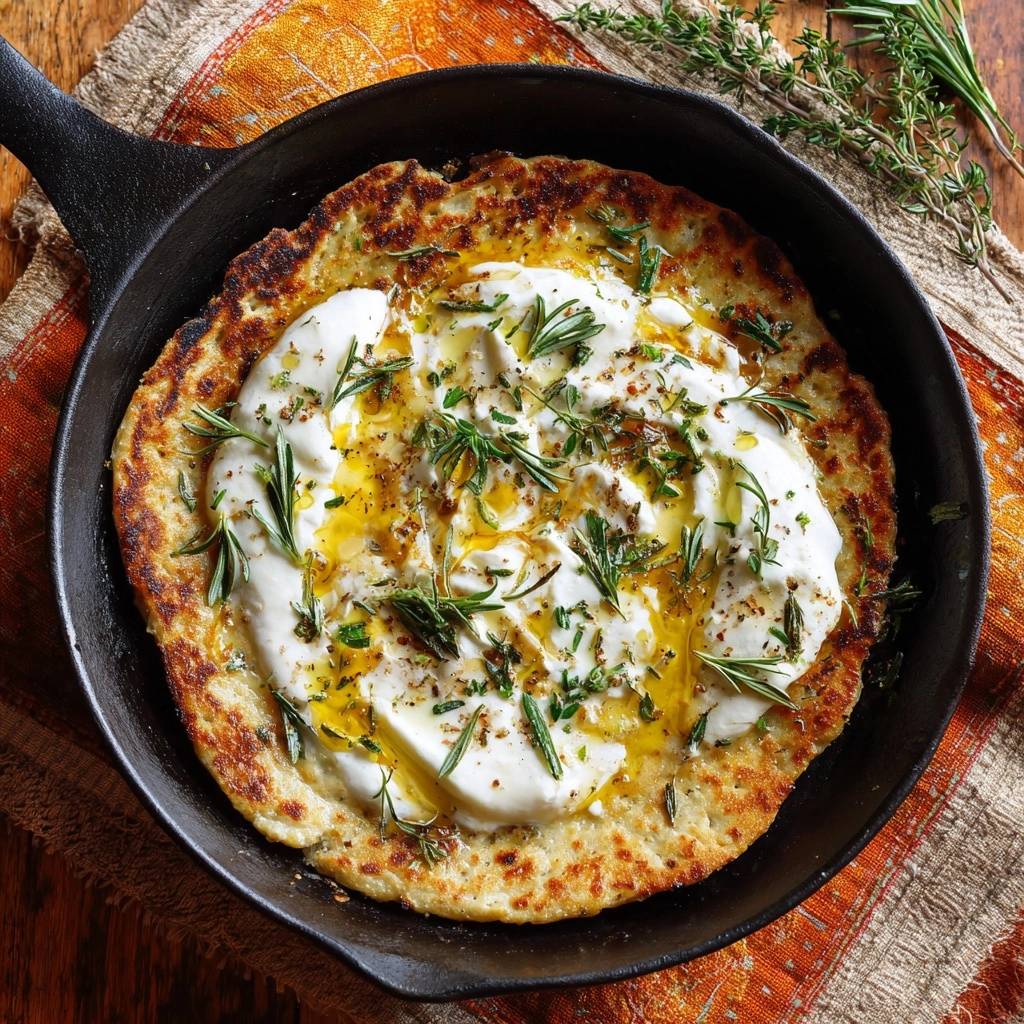 Knuspriger Kräuterfladen mit Feta, von oben mit frischen Kräutern und Olivenöl garniert in einer Gusseisenpfanne.