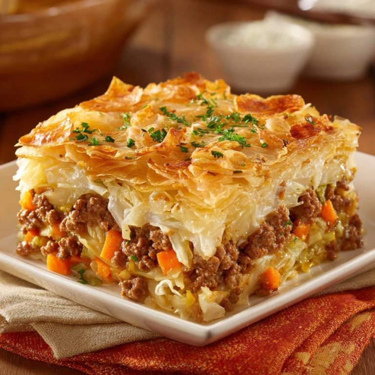 Knuspriger Kraut-Hack-Filo-Auflauf im Querschnitt, der die Schichten von Hackfleisch, Gemüse und Filoteig zeigt.