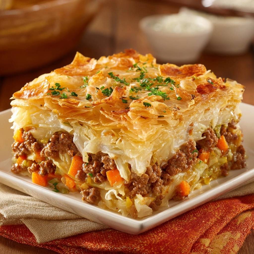 Knuspriger Kraut-Hack-Filo-Auflauf im Querschnitt, der die Schichten von Hackfleisch, Gemüse und Filoteig zeigt.