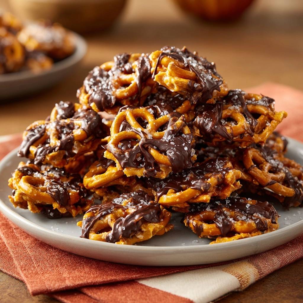 Kürbiskaramell-Schoko-Brezel-Bites, Nahaufnahme der schokoladenglasur und Meersalz-Flocken auf den Brezeln.