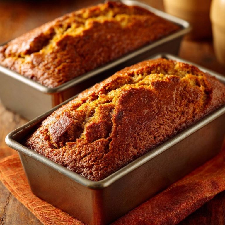 Saftiges Kürbisbrot in zwei Metallformen frisch gebacken auf einem Holztisch mit orangefarbener Serviette