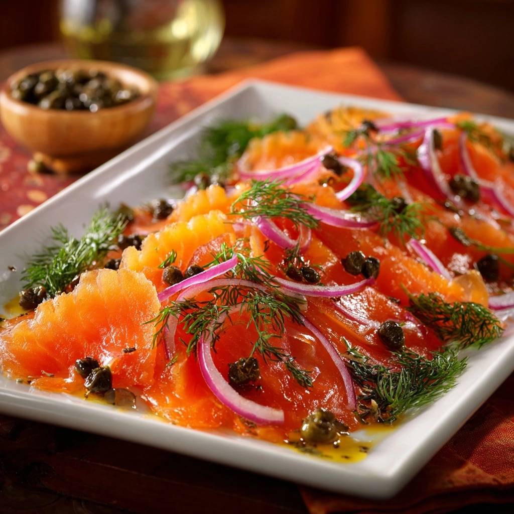 Lachs-Carpaccio mit Dill, Zwiebeln und Kapern, detailreiche Nahaufnahme der aufgeschnittenen Lachsfilets mit Garnitur.