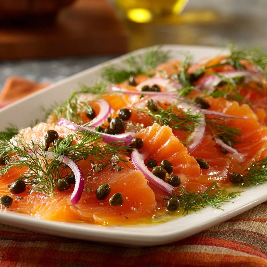 Lachs-Carpaccio mit Dill, Zwiebeln und Kapern, nah aufgenommen mit Fokus auf die frische Garnitur aus Dill und Kapern.