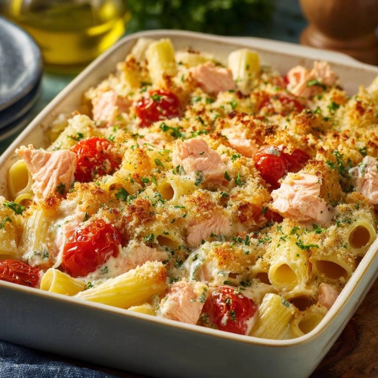 Cremiger Lachs-Rigatoni-Auflauf mit knuspriger Kruste, nahaufnahme der gebackenen Nudeln mit Lachs und Tomaten.
