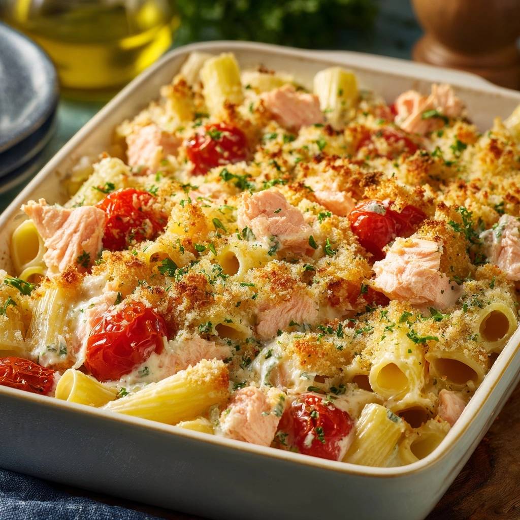 Cremiger Lachs-Rigatoni-Auflauf mit knuspriger Kruste, nahaufnahme der gebackenen Nudeln mit Lachs und Tomaten.