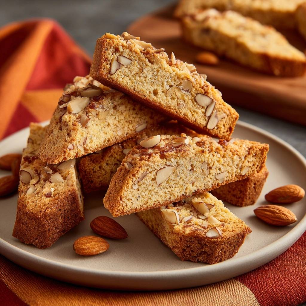 Knusprige Mandel-Cantuccini auf einem Teller mit ganzen Mandeln und einem orangen Tuch im Hintergrund.