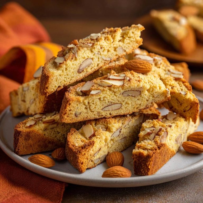 Knusprige Mandel-Cantuccini als Stapel auf einem Teller mit ganzen Mandeln und einem orangen Tuch im Hintergrund.