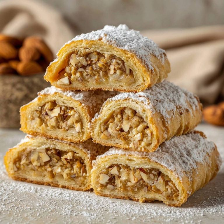 Knusprige Mandeltaschen im Querschnitt, mit Puderzucker bestäubt und gestapelt, zeigen die nussige Füllung.