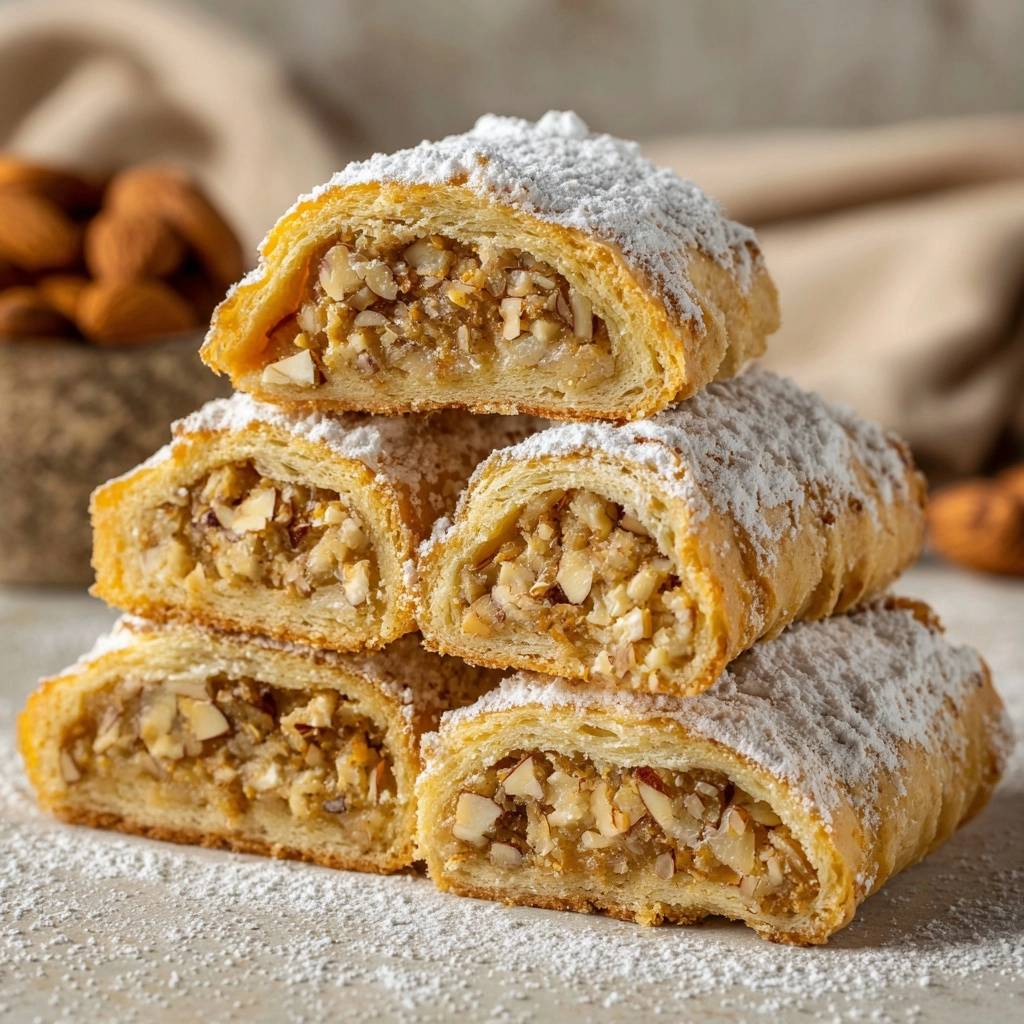 Knusprige Mandeltaschen im Querschnitt, mit Puderzucker bestäubt und gestapelt, zeigen die nussige Füllung.