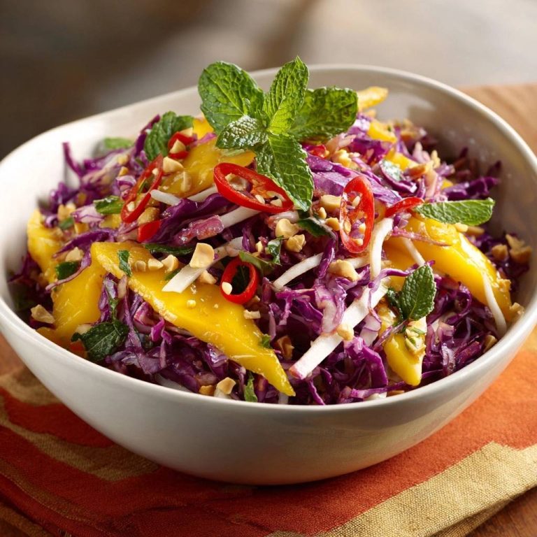 Exotischer Mango-Rotkohl-Salat in einer Schüssel, garniert mit Minze und Chili, Nahaufnahme
