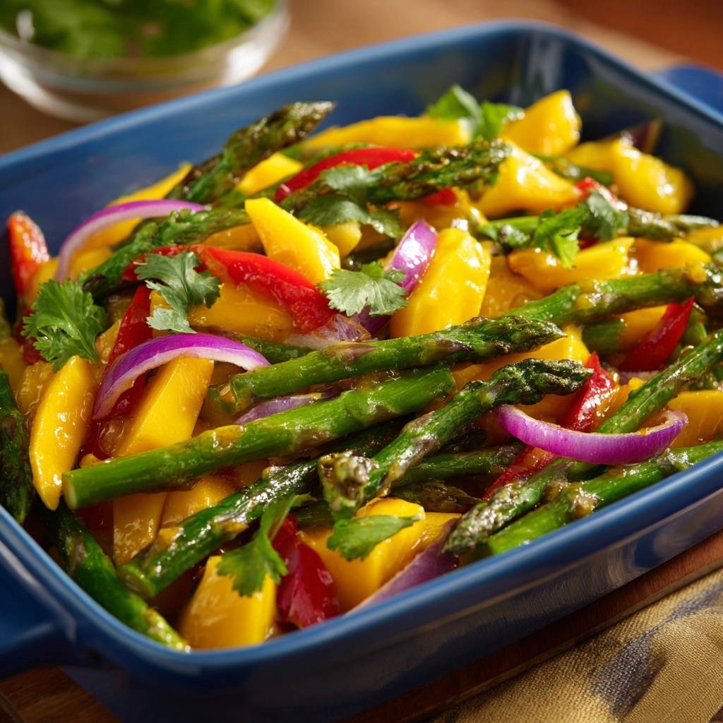 Knackiger Mango-Spargel als Nahaufnahme in einer blauen Schüssel, garniert mit frischer Koriander und roten Zwiebeln.