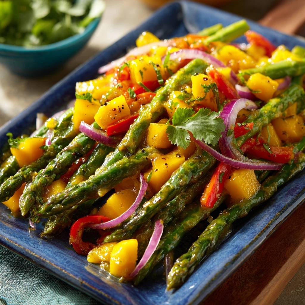 Knackiger Mango-Spargel auf einer blauen Platte, nahaufnahme der sautierten Zutaten und frischer Kräuter.