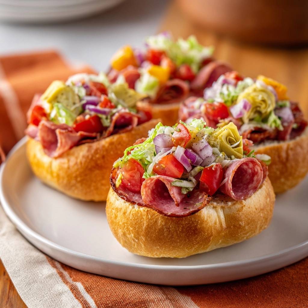 Mediterrane Salami-Salat-Brötchen, hier als Nahaufnahme von mehreren gefüllten Brötchen auf einem Teller serviert.