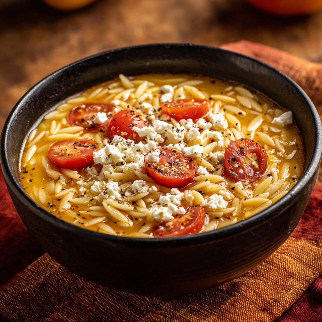Mediterrane Tomaten-Orzo-Suppe garniert mit zerbröseltem Feta und Kirschtomaten im Detail