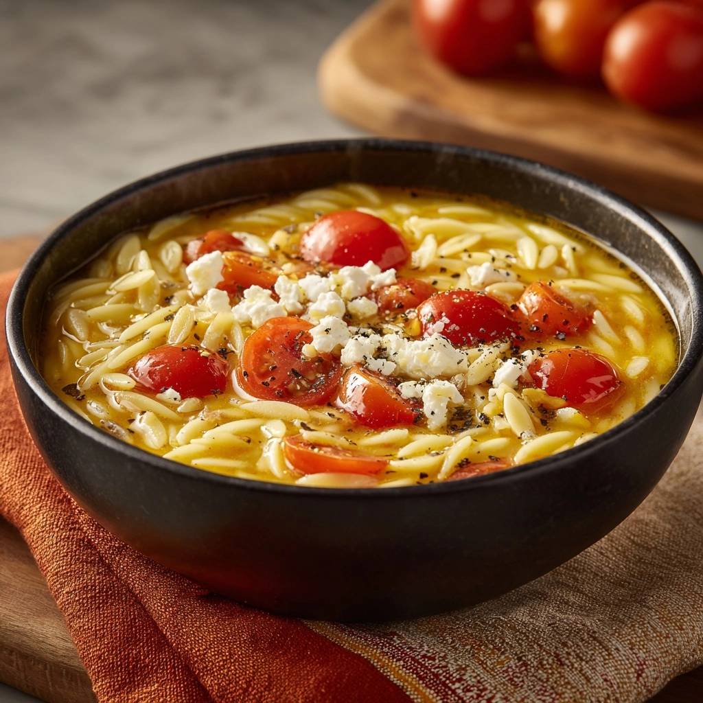 Mediterrane Tomaten-Orzo-Suppe mit zerbröseltem Feta und frischen Tomaten in einer schwarzen Schüssel.