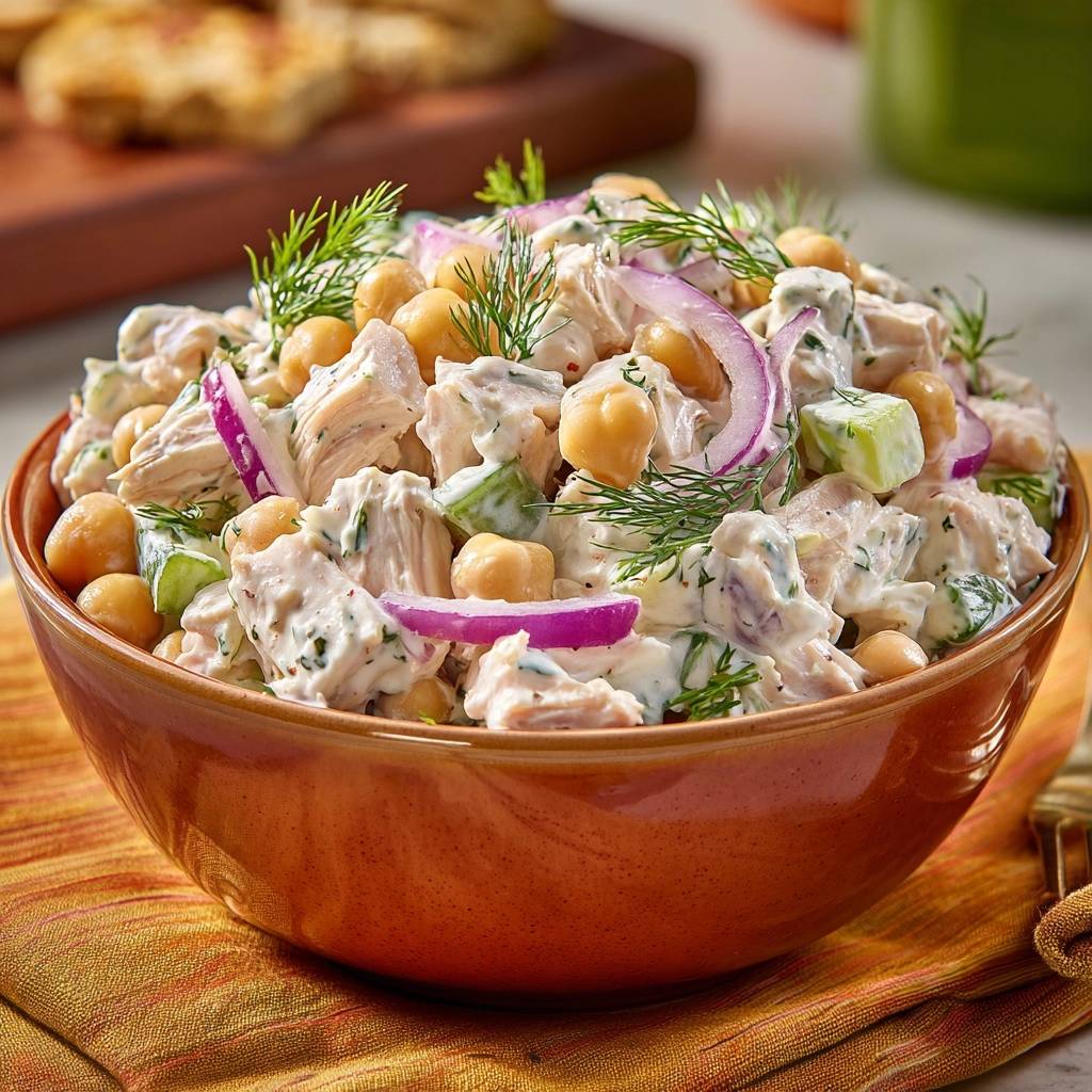Mediterraner Hähnchen-Kichererbsen-Salat in einer braunen Schüssel, nahaufnahme der Zutaten und Garnitur.
