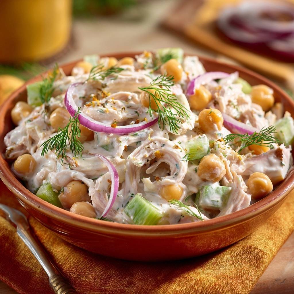 Mediterraner Hähnchen-Kichererbsen-Salat, garniert mit Dill und roten Zwiebelringen, in einer Schüssel serviert.