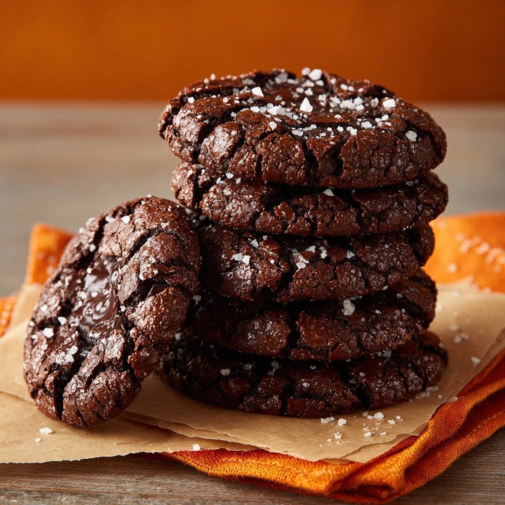 Meersalz-Schoko-Chunk-Cookies mit grobem Salz bestreut auf einem Stapel, Nahaufnahme der Textur.