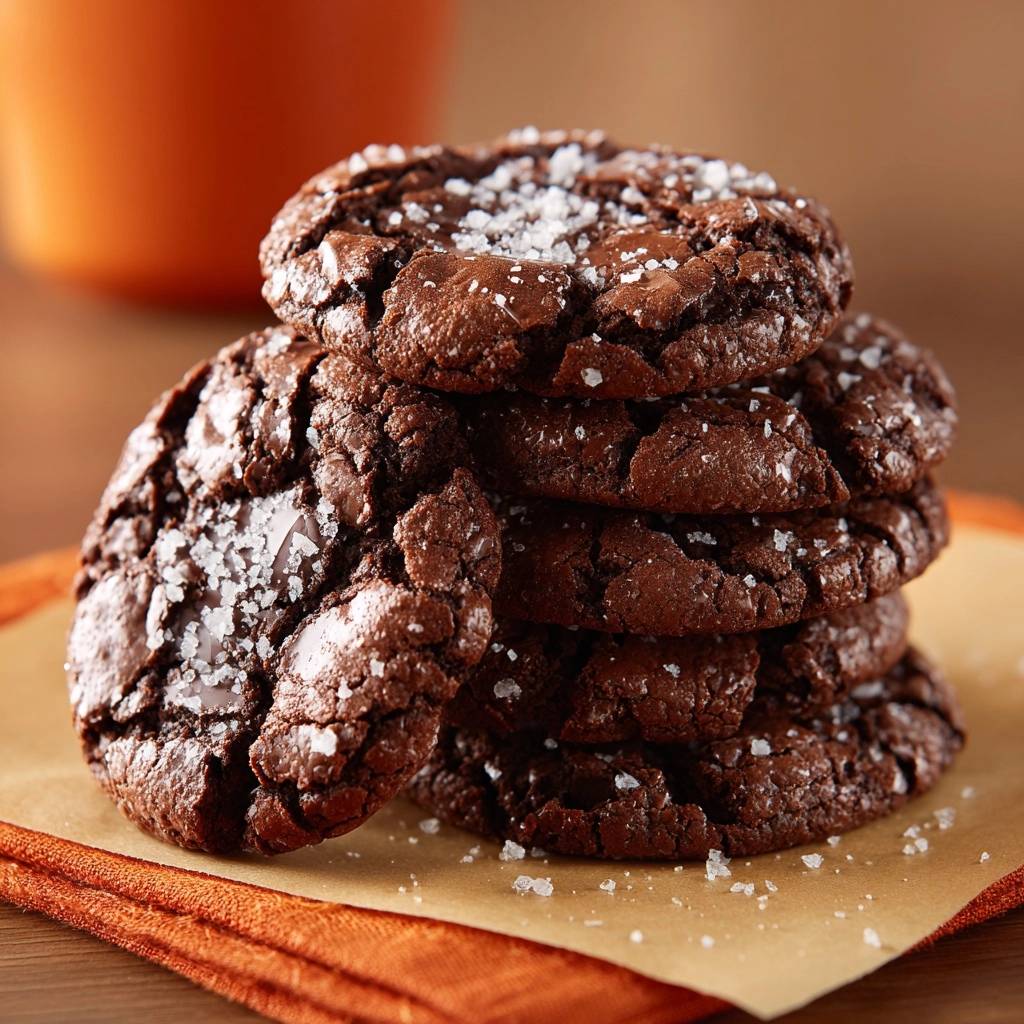 Meersalz-Schoko-Chunk-Cookies (Nie wieder flache Kekse!) als Nahaufnahme eines gestapelten Turms mit Meersalz-Kristallen.