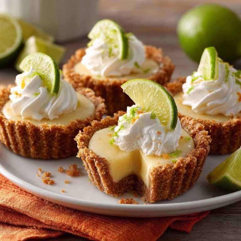 Mini Key-Lime-Pies angeschnitten auf einem Teller mit Schlagsahne und Limettenscheiben garniert, Nahaufnahme.