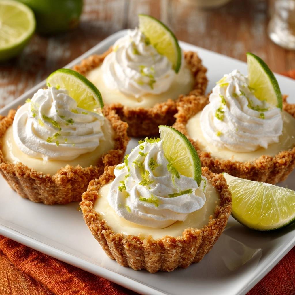 Mini Key-Lime-Pies mit frischer Schlagsahne, Limettenspalten und geriebener Limettenschale garniert.