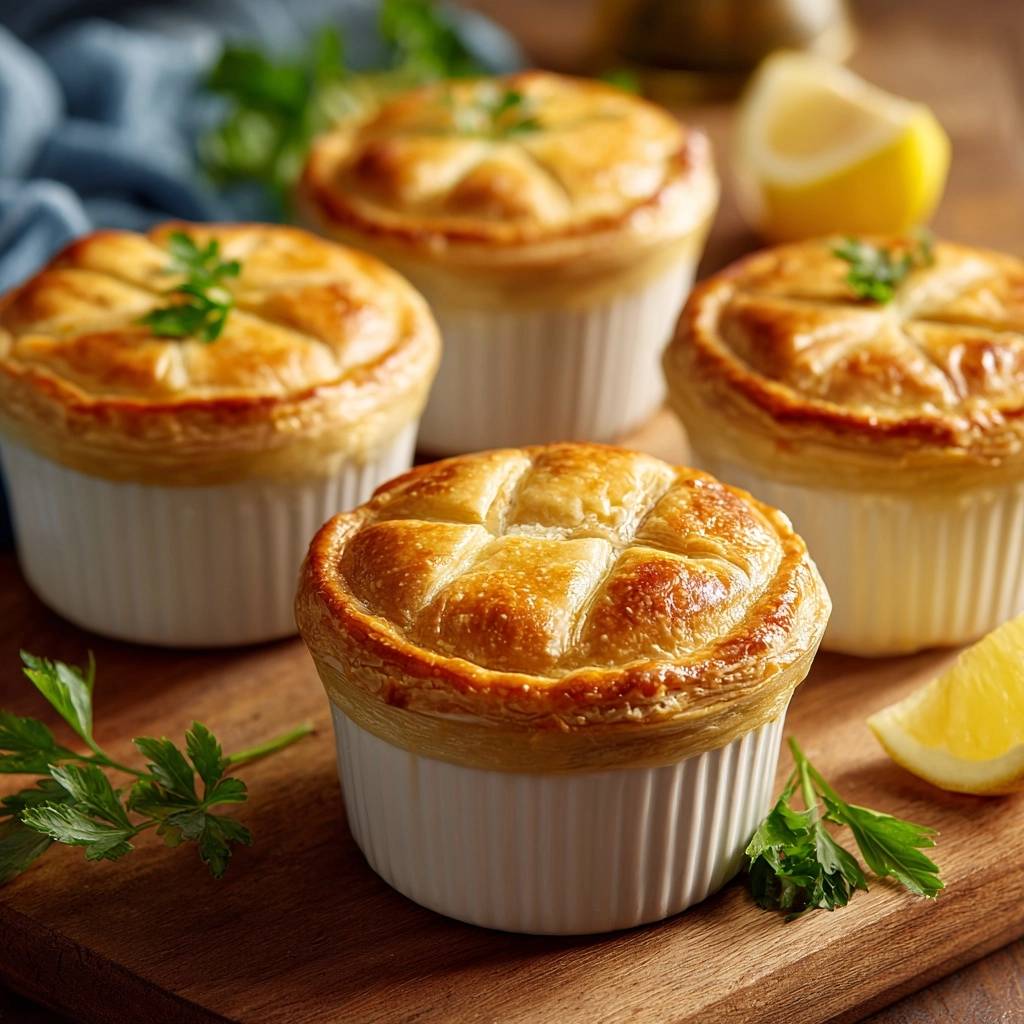 Knusprige Mini-Zitronen-Hähnchen-Pasteten mit Petersilie und Zitrone garniert, nahaufnahme