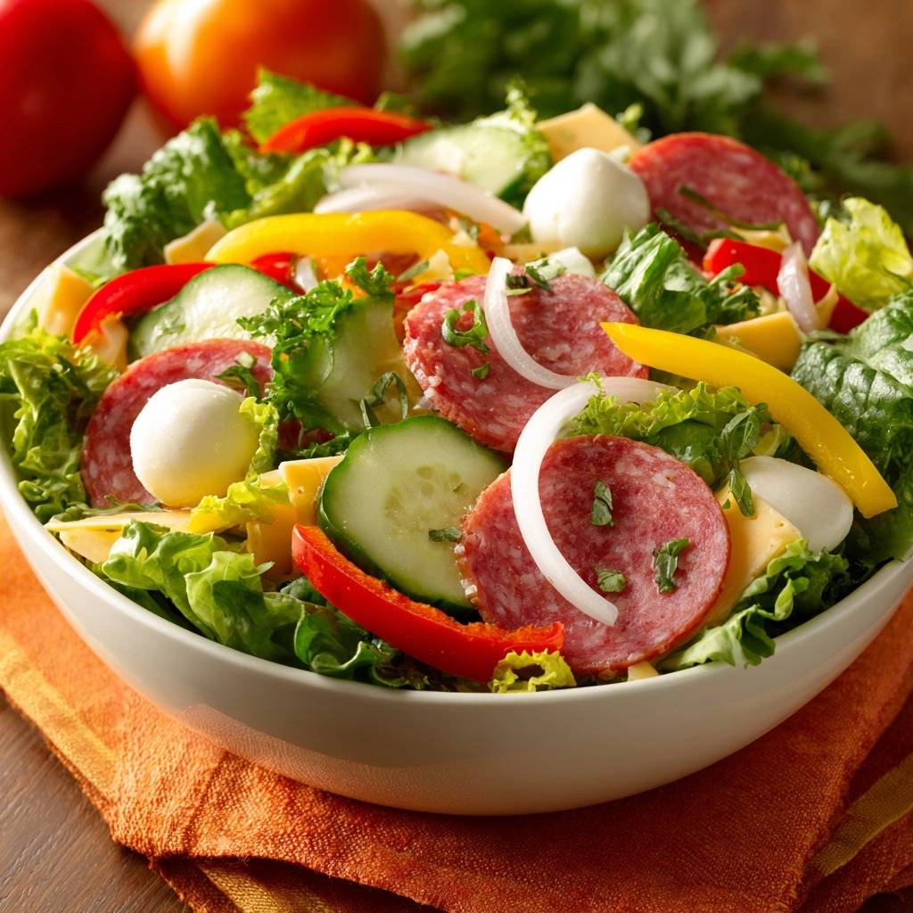 Bunter Mozzarella-Salat mit Salami, knackig und erfrischend, in einer Schüssel von nah aufgenommen mit vielen frischen Zutaten.