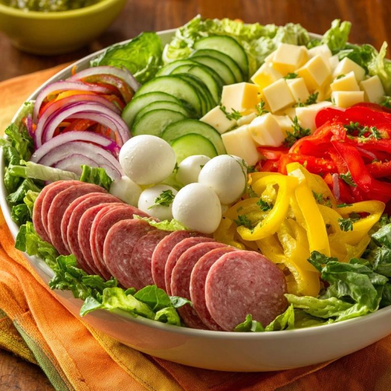 Bunter Mozzarella-Salat mit Salami, Nahaufnahme der arrangierten Zutaten wie Salami, Käse und Gemüse
