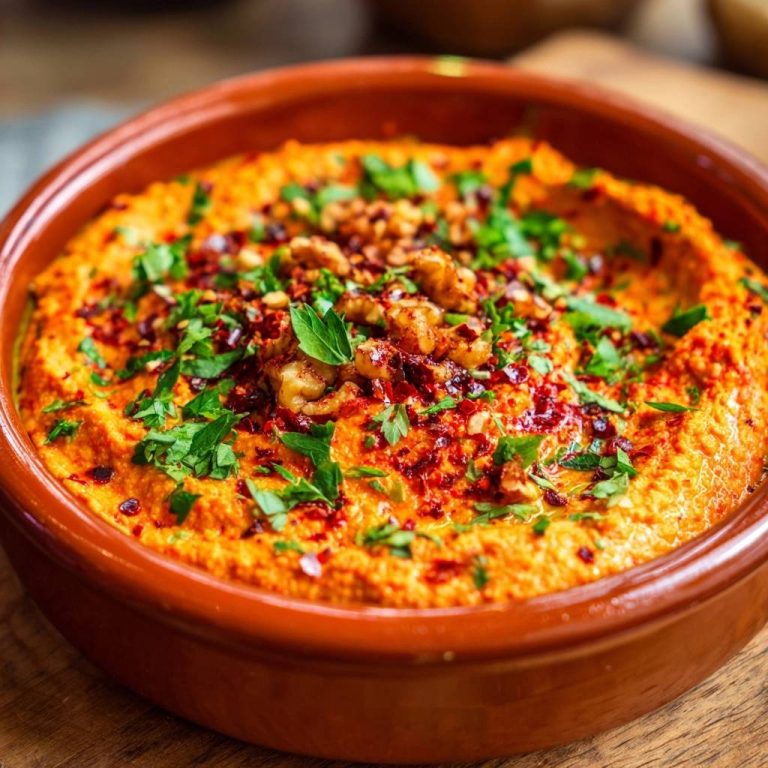 Muhammara – cremige Paprika-Walnuss-Creme mit Walnüssen, Petersilie und Chili-Flocken garniert in einer Tonschale