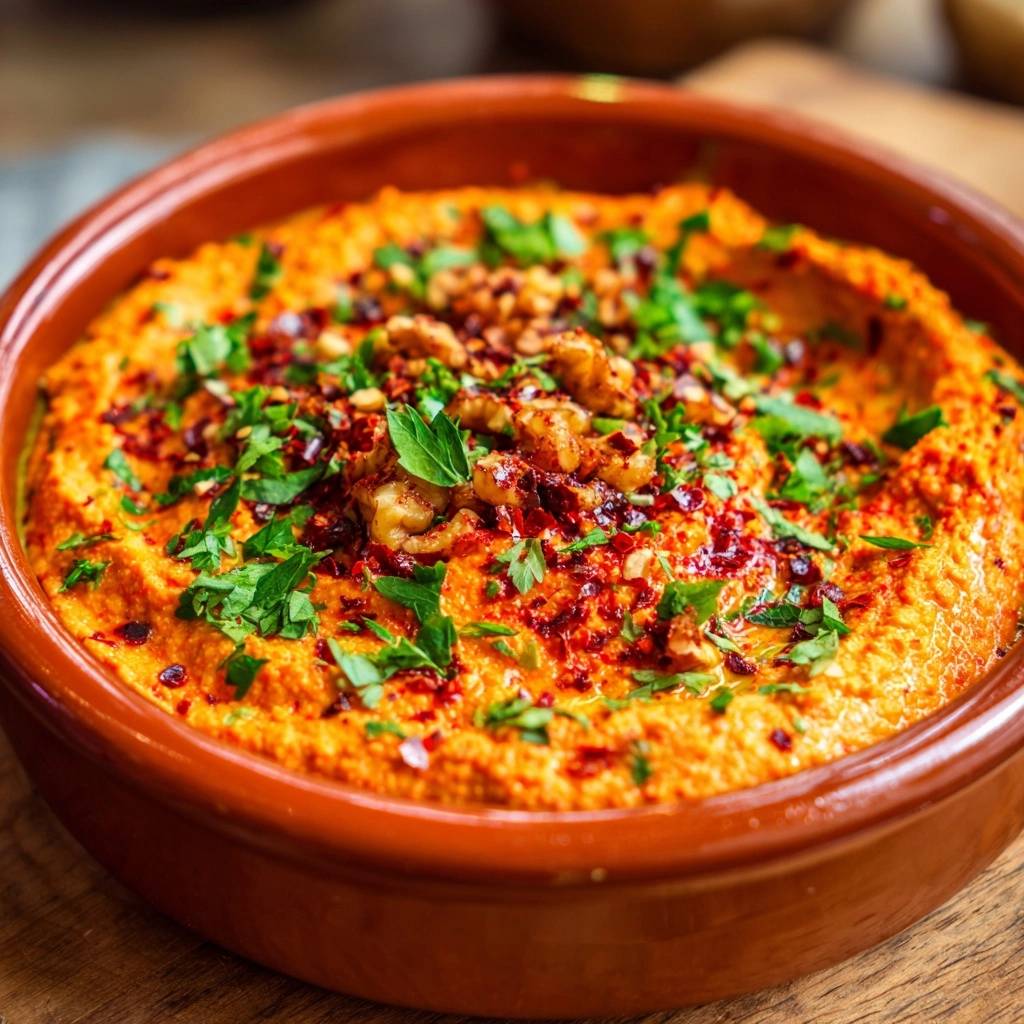 Muhammara – cremige Paprika-Walnuss-Creme mit Walnüssen, Petersilie und Chili-Flocken garniert in einer Tonschale
