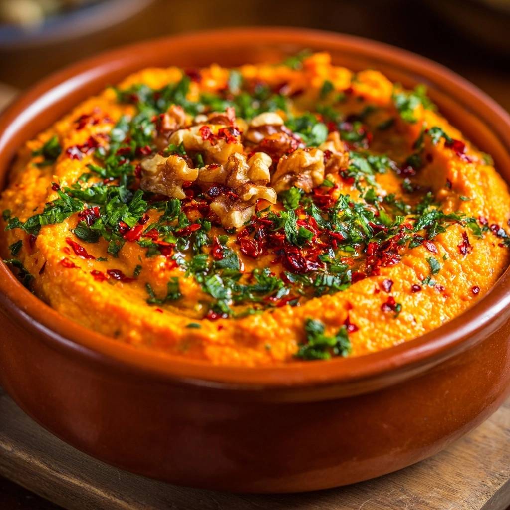 Muhammara, cremige Paprika-Walnuss-Creme, garniert mit Walnüssen und frischen Kräutern in einer Tonschüssel.