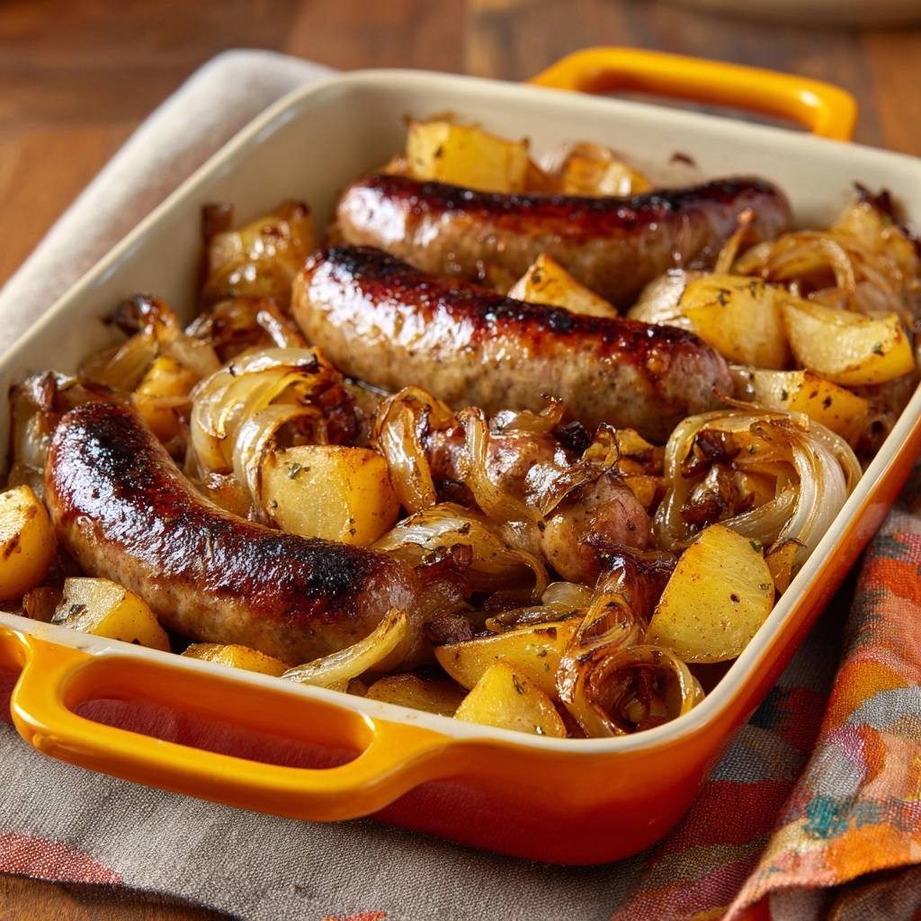 Knuspriger Ofen-Bratwurst-Auflauf mit Kartoffeln und Zwiebeln, nahaufnahme im orangefarbenen Ofenblech