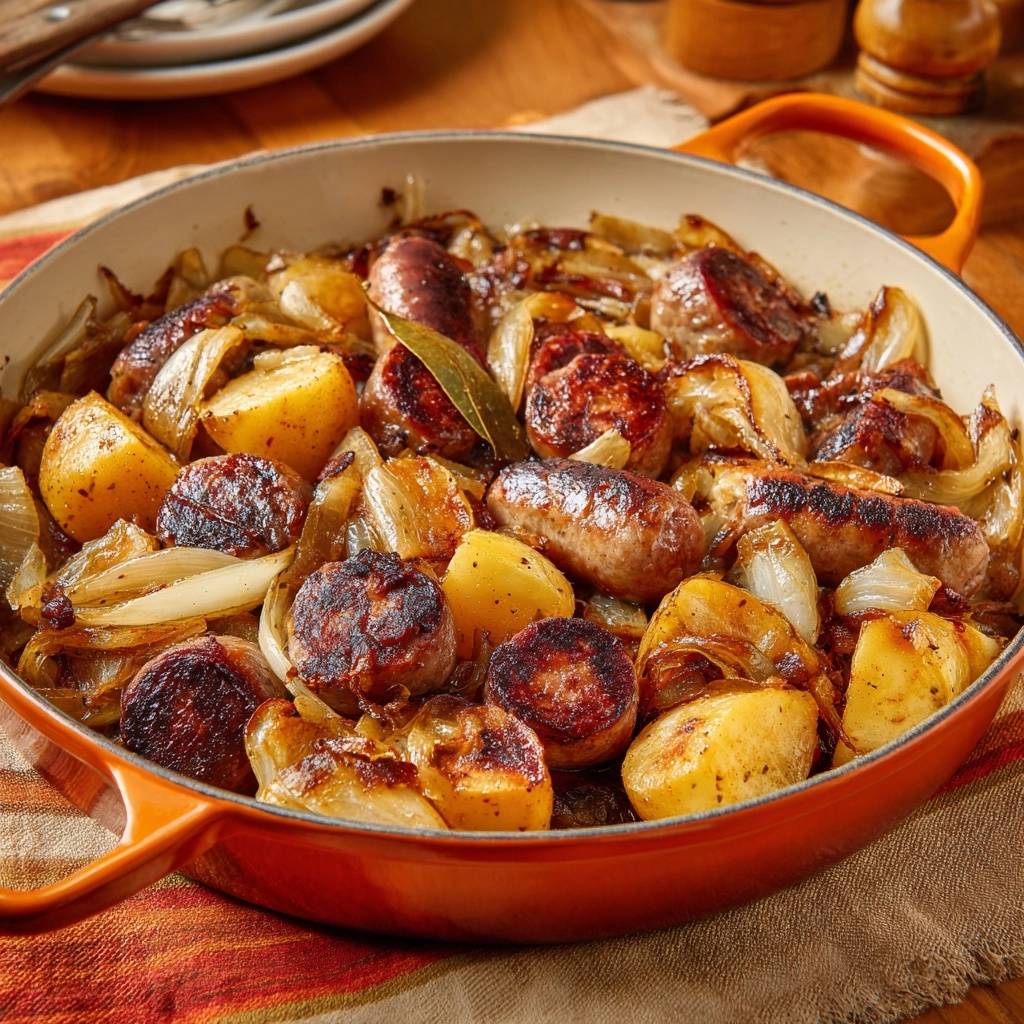 Knuspriger Ofen-Bratwurst-Auflauf mit Kartoffeln, Nahaufnahme der gebräunten Würstchen und Kartoffelspalten in einer Auflaufform.