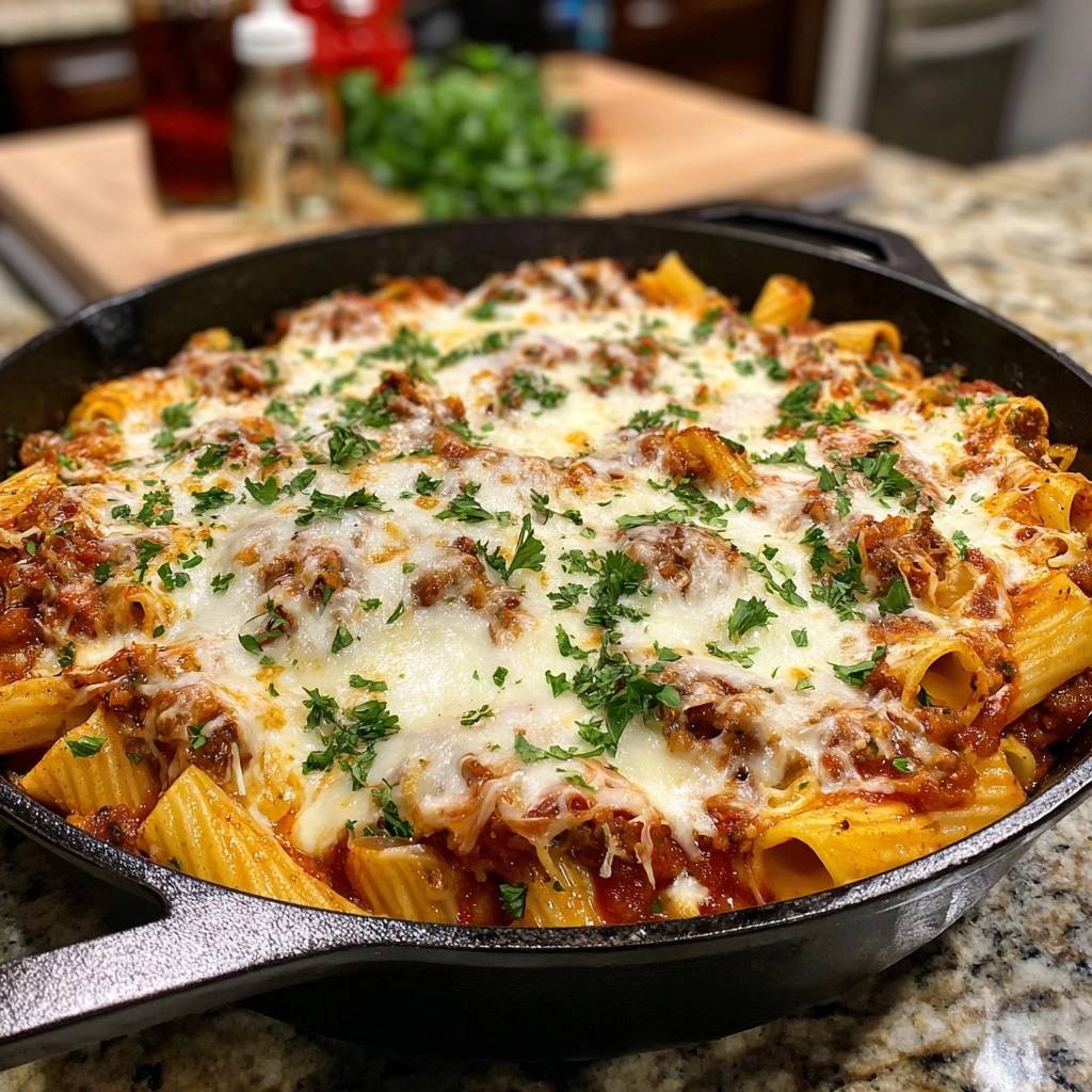Ofen-Rigatoni mit Hackfleisch und Käse, frisch aus der Pfanne mit Petersilie garniert