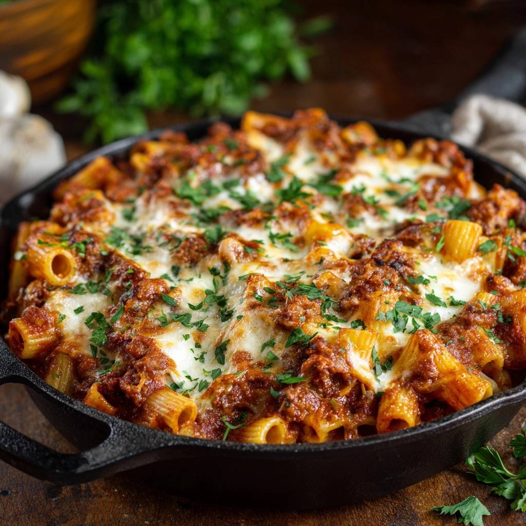 Ofen-Rigatoni mit Hackfleisch und Käse, heiss und frisch aus dem Ofen in einer gusseisernen Pfanne serviert, mit geschmolzenem Käse und Petersilie garniert.