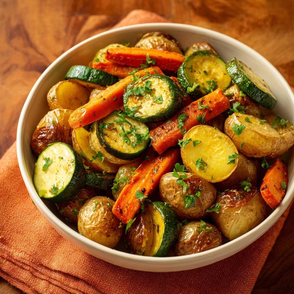 Knuspriges Ofengemüse mit Kartoffeln, Karotten & Zucchini, detailaufnahme mit frischer Petersilie garniert