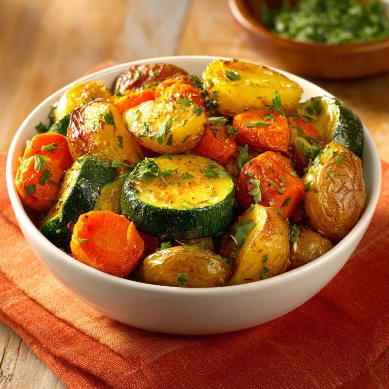Knuspriges Ofengemüse mit Kartoffeln, Karotten & Zucchini in einer Schüssel, Nahaufnahme der gerösteten Gemüsestücke.