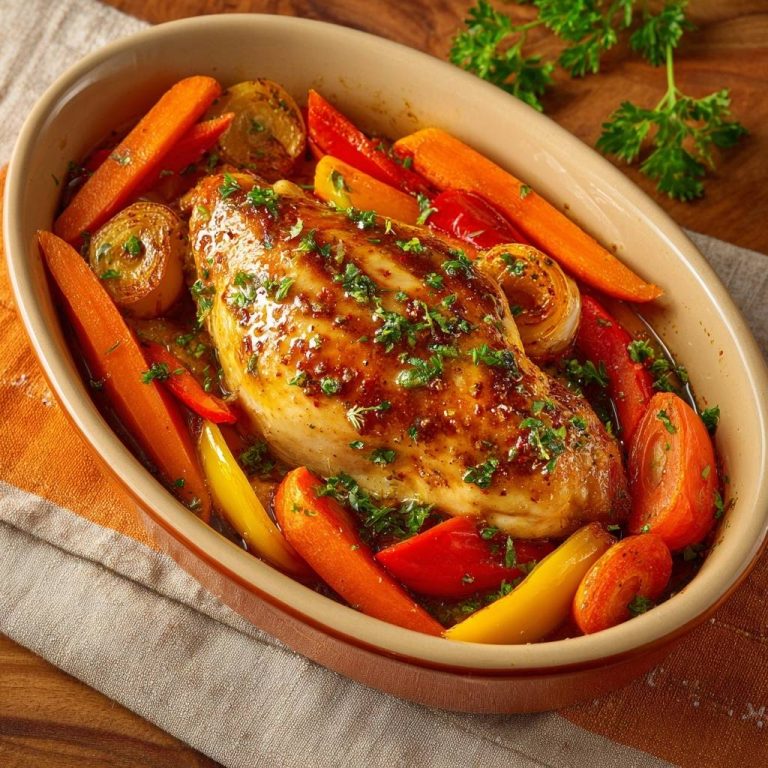 Saftiges Ofenhähnchen mit Paprika-Karotten-Gemüse, mit glänzender Glasur und frischen Kräutern garniert, in einer Auflaufform serviert.