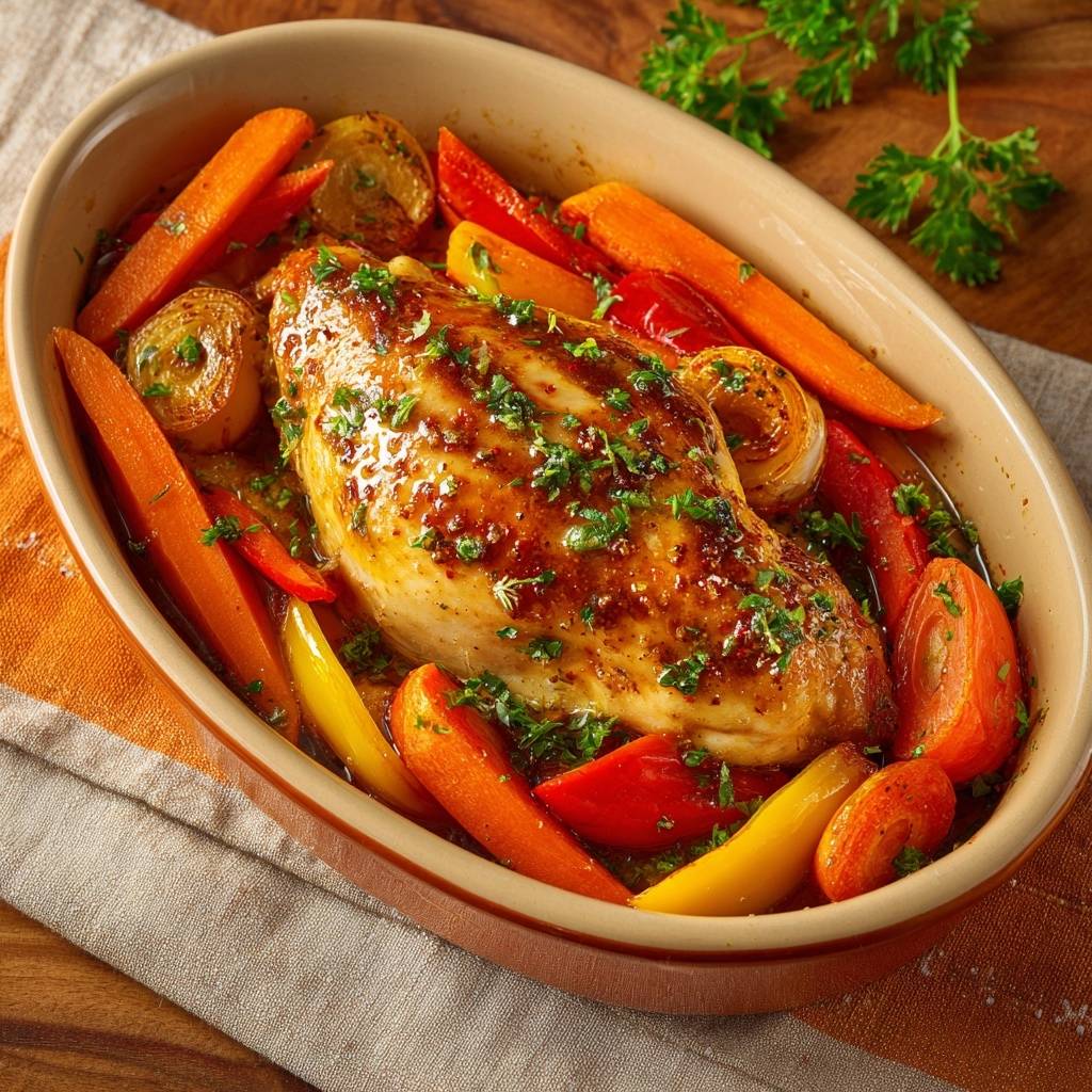 Saftiges Ofenhähnchen mit Paprika-Karotten-Gemüse, mit glänzender Glasur und frischen Kräutern garniert, in einer Auflaufform serviert.