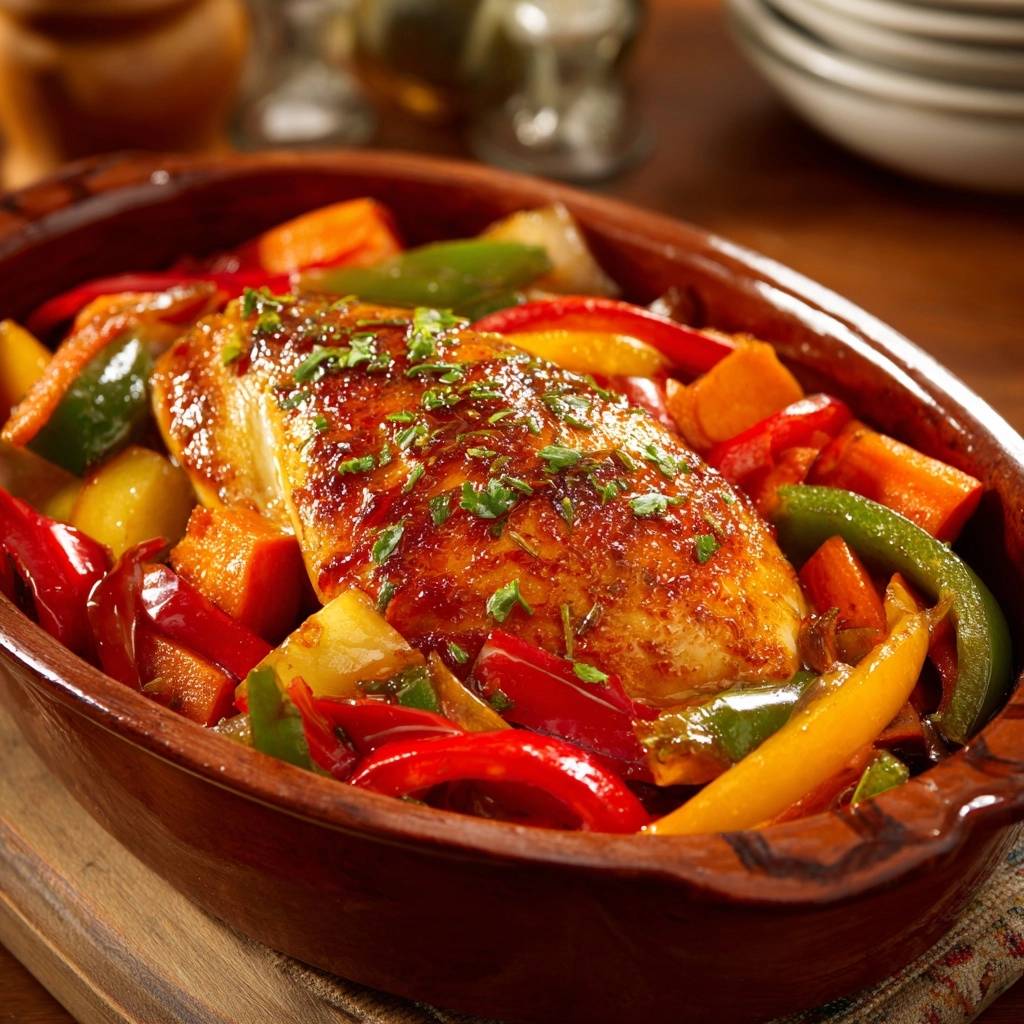 Saftiges Ofenhähnchen mit Paprika-Gemüse, nahaufnahme der glänzenden Glasur und frischer Petersilie garniert.