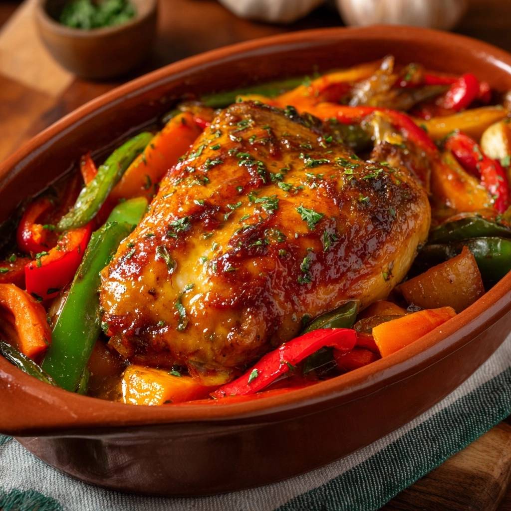Saftiges Ofenhähnchen mit Paprika-Gemüse als Nahaufnahme in einer braunen Auflaufform, mit Kräutern garniert.